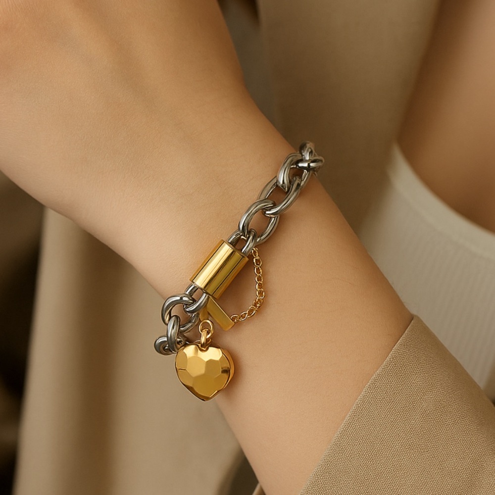 New! Zara Stainless steel mixcolor Silver and Gold heart Chain Bracelet - Picture 3 of 4